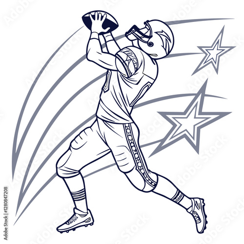 Football Player Catching Ball Line Art: Sports Illustration, American Football, Receiver, Athlete, Action, Vector Graphic, Coloring Page