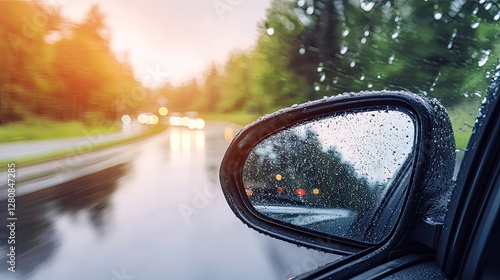Driving in rain looking at car mirror and blurry road