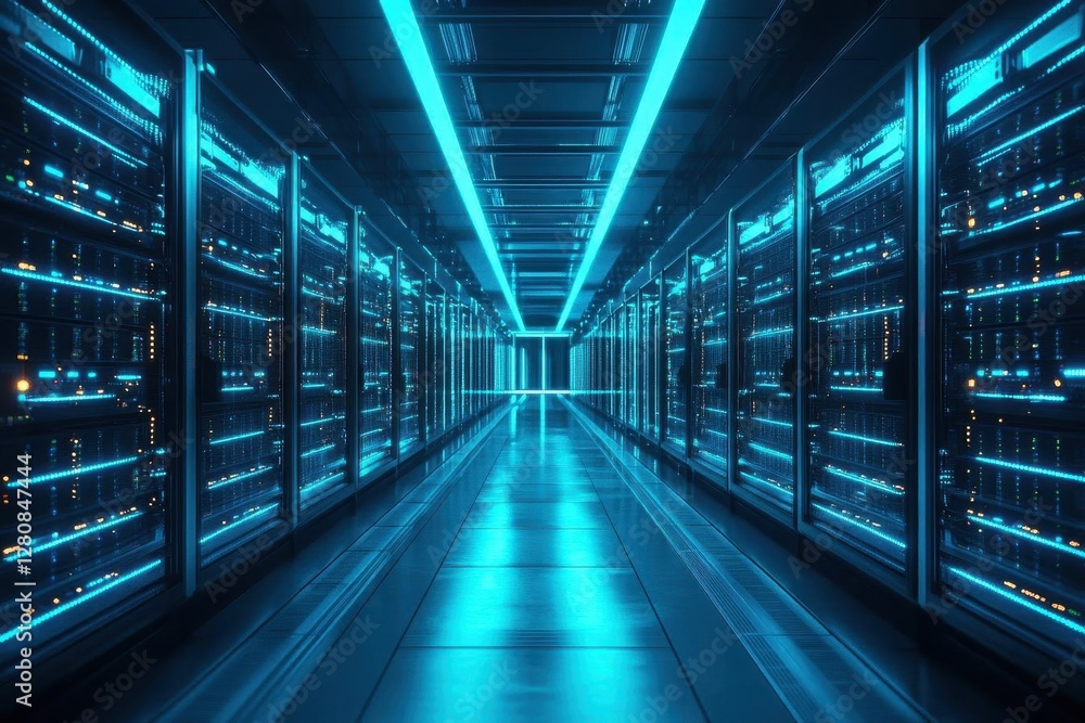 futuristic data center with glowing blue led racks sleek server arrays bathed in cool ambient lighting creating a hightech matrixlike atmosphere futuristic data center with glowing blue led racks sleek server arrays bathed in cool ambient lighting creating a hightech matrixlike atmosphere