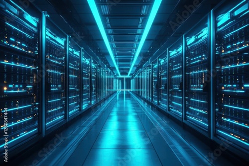 futuristic data center with glowing blue led racks sleek server arrays bathed in cool ambient lighting creating a hightech matrixlike atmosphere photo