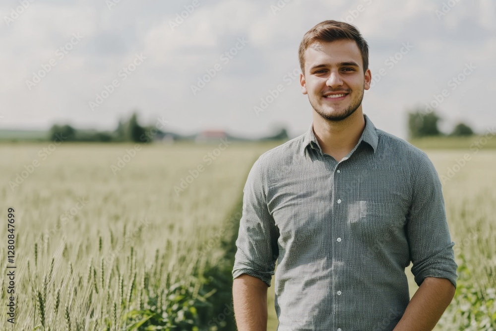 Young farmer inspecting wheat in a golden wheat field during summer Young farmer inspecting wheat in a golden wheat field during summer