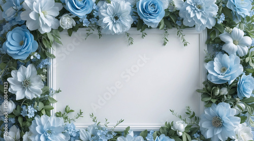 Beautiful soft baby blue flowers framing a white tray for a peaceful centerpiece that enhances your tranquil home decor setup for Copyspace and Text Background