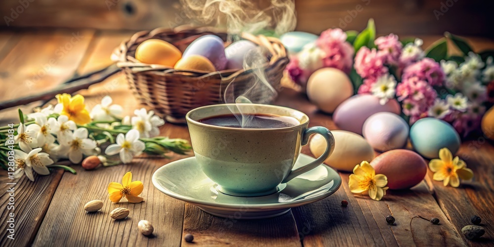 Fototapeta premium Celebrate Easter with a vintage coffee photoshoot. Old-fashioned cups and a retro springtime brew create a nostalgic vibe.