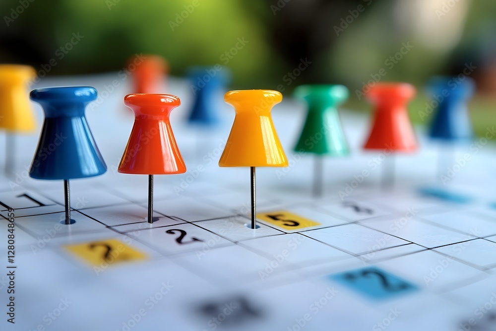 a close-up of multiple colorful push pins placed on a white monthly calendar page, marking important dates. a close-up of multiple colorful push pins placed on a white monthly calendar page, marking important dates.