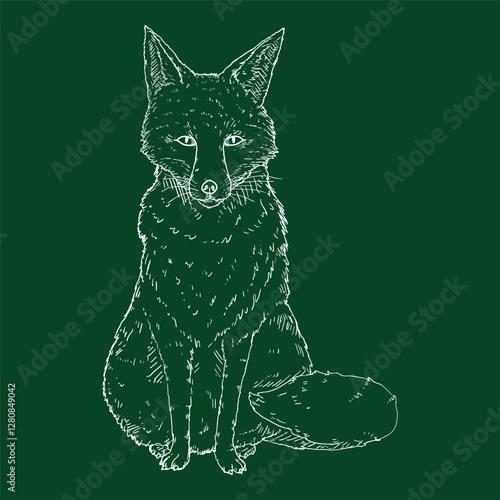 Sketch Sitting Fox. Front View. Hand Drawn Vector Illustration.