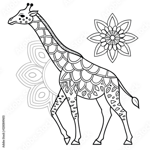 Giraffe Coloring Page: Intricate Mandala Style Animal Illustration for Relaxation and Creative Fun, Printable Art Therapy for Adults & Kids