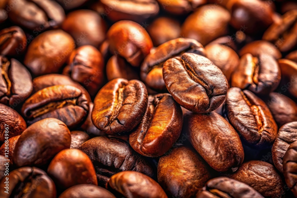 Close-up photography reveals the deep brown texture and aroma of roasted coffee beans. Close-up photography reveals the deep brown texture and aroma of roasted coffee beans.