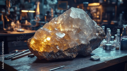 Close-up of raw thulium ore with geological tools on a table, research lab in background

