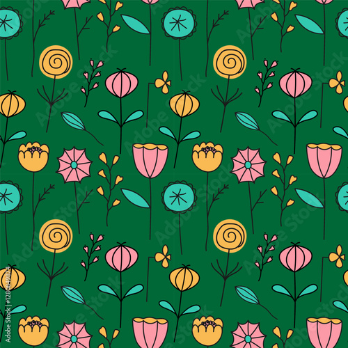 Vector repeat background with green field of different spring or summer abstract Flowers. Seamless pattern with blooming plants for wrapping, web, print, paper, card. Design for seasons, holiday