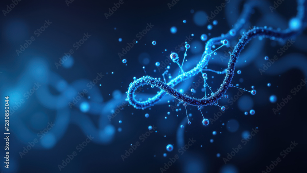 A close-up view of a single molecule of semaglutide with water droplets encapsulating it, set against a dark blue background.