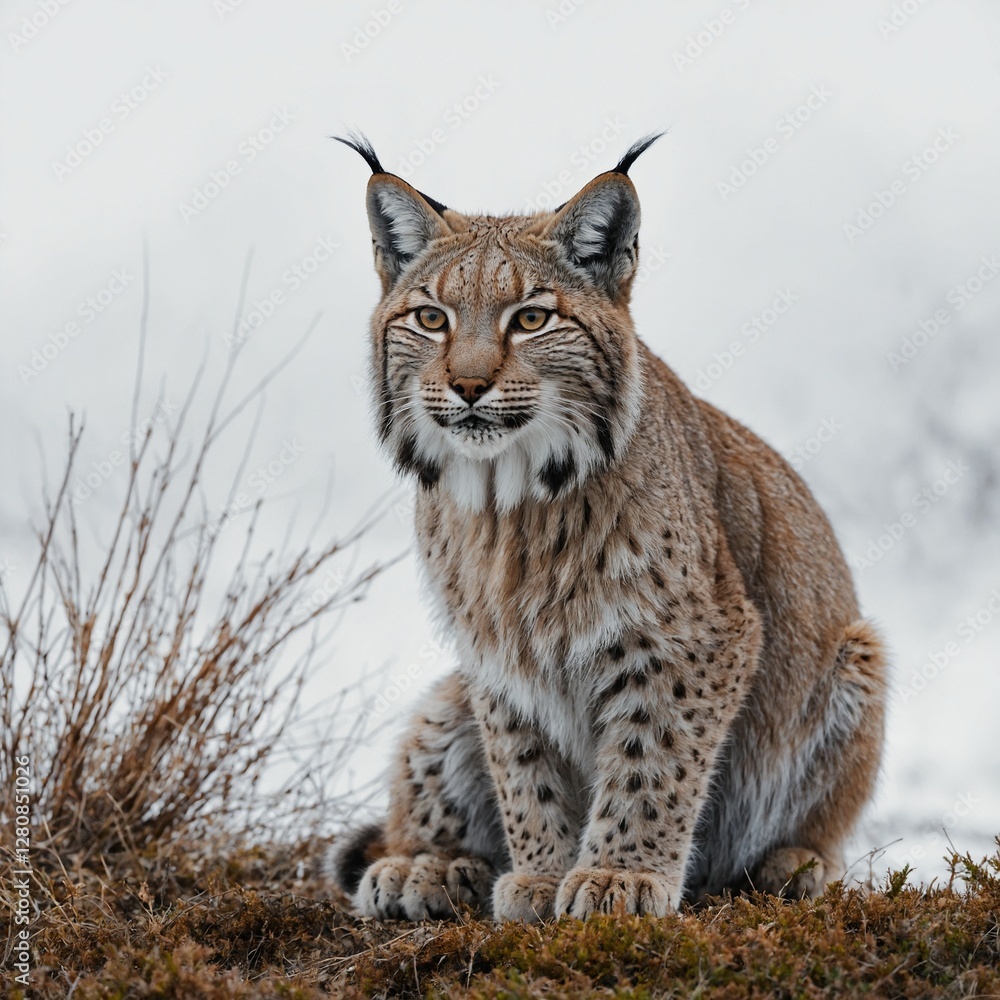 Naklejka premium A full-body shot of a lynx sitting on its haunches, framed by a clean white background.