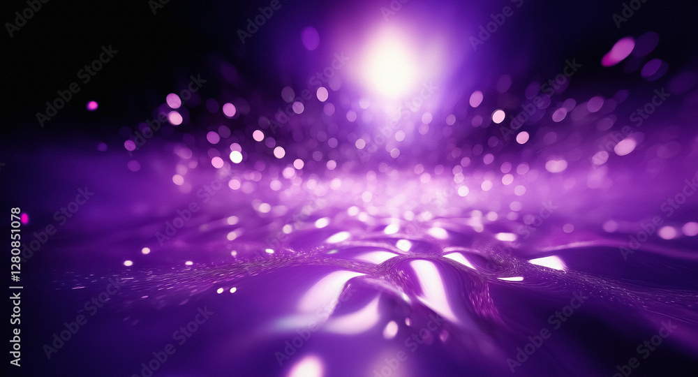 Fototapeta premium Abstract purple background with bright light and shimmer. A path of light flows towards the viewer in a dark space.