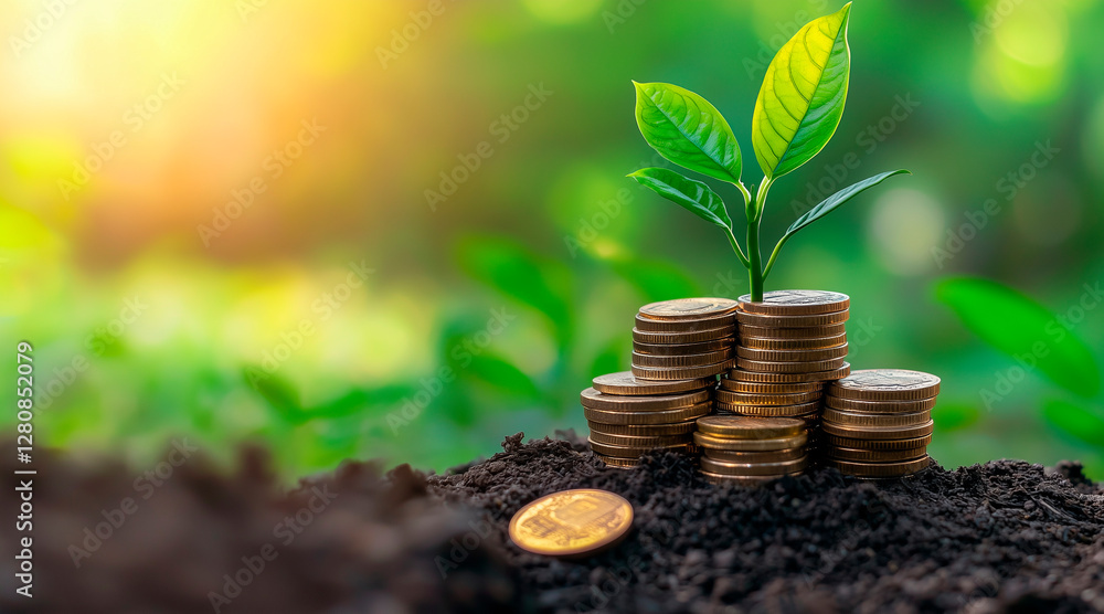 Pile of coins with a growing plant on top symbolizing financial growth isolated on nature background Pile of coins with a growing plant on top symbolizing financial growth isolated on nature background