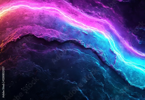 A dark background featuring a blue purple wave line light gradient represents an abstract technology theme related to big data and digital elements, created using 3D rendering