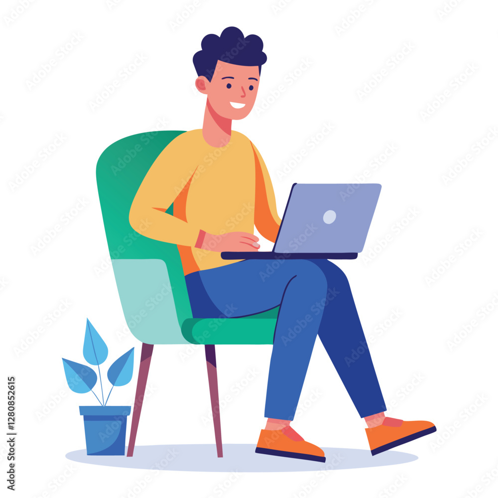 a boy is using his laptop vector a boy is using his laptop vector