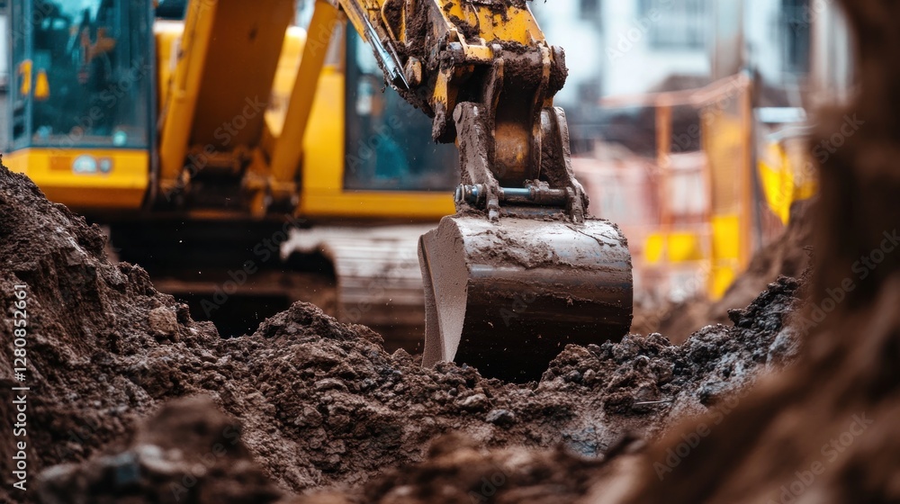 Fototapeta premium Excavator digging muddy soil at construction site.
