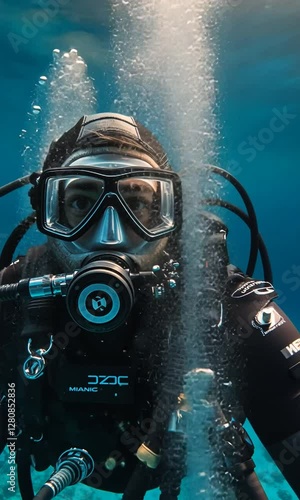 Diver exploring underwater world with bubbles and marine life