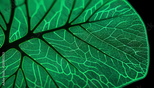 Green leaf under a microscope. A large leaf close-up with veins. carbon dioxide, process of photosynthesis, micrograph. cellular structures. biology scheme for education