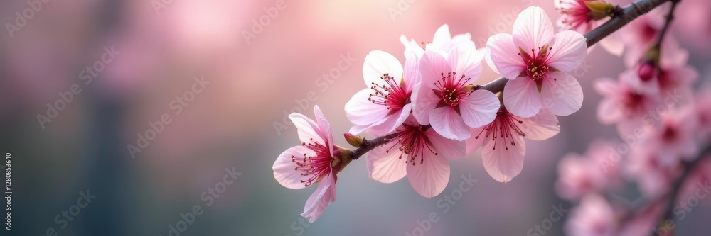 Delicate pink cherry blossoms gently fall from a branch, floral arrangement, nature Delicate pink cherry blossoms gently fall from a branch, floral arrangement, nature
