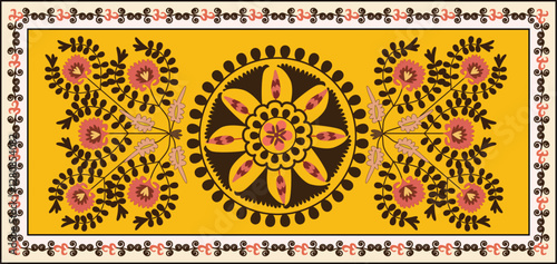 This vibrant design, inspired by Uzbek-Turkic motifs, is perfect for decorative pillows. Featuring intricate geometric patterns and elegant floral elements, it brings a touch of cultural richness.