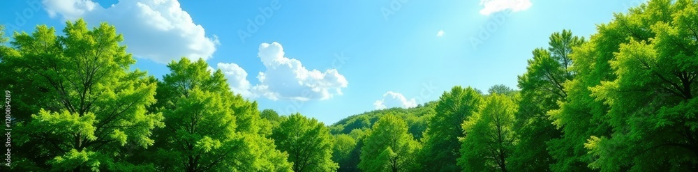 Dense foliage of green trees amidst a serene blue sky, serenity, foliage, trees Dense foliage of green trees amidst a serene blue sky, serenity, foliage, trees