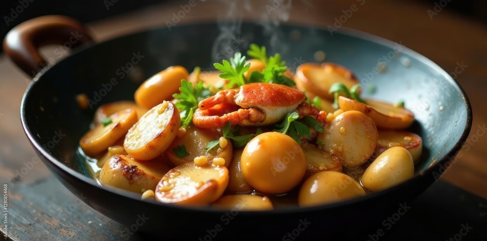 Detail of saut?ed mushrooms in a wok with crab, steaming, crab Detail of saut?ed mushrooms in a wok with crab, steaming, crab
