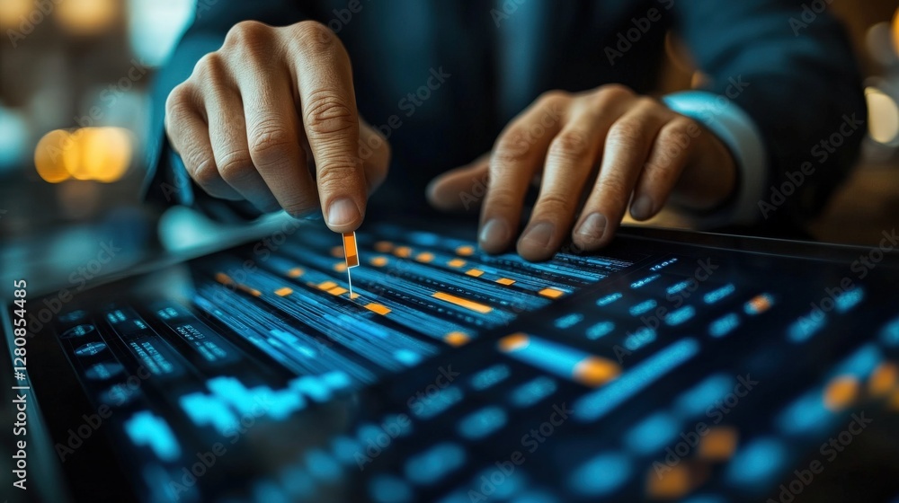 Professional analyzing data on a touchscreen tablet in a modern office environment Professional analyzing data on a touchscreen tablet in a modern office environment