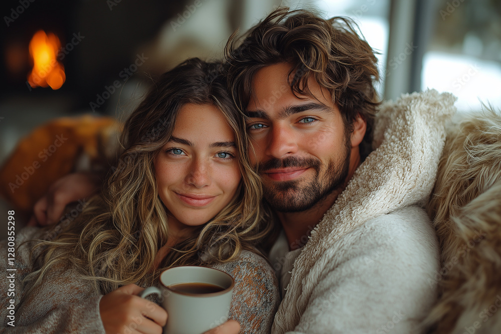 Happy couple in pajamas sitting on a cozy couch, enjoying coffee together in a sunlit modern living room. Happy couple in pajamas sitting on a cozy couch, enjoying coffee together in a sunlit modern living room.