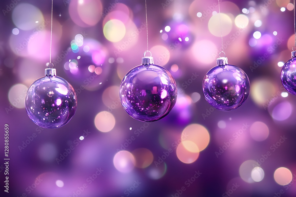 Magical Christmas Composition of Sparkling Purple Ornaments and Lights. Magical Christmas Composition of Sparkling Purple Ornaments and Lights.