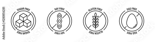 Allergen free products. Products warning symbols. Gluten free, soy free,sugar free, fat free, lactose free.