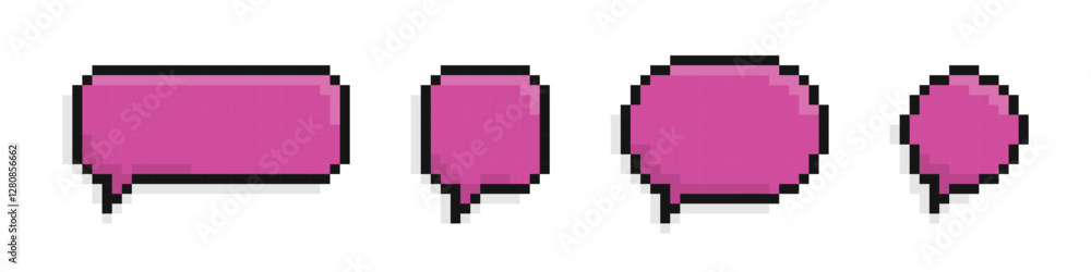 Pixel speech bubbles. Chat bubbles in pixel art style. Chat speech or dialogue. Empty pixelated speech bubbles. Pixel speech bubbles. Chat bubbles in pixel art style. Chat speech or dialogue. Empty pixelated speech bubbles.