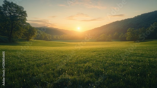 Serene sunset over a lush green meadow with distant hills and soft clouds in the sky
