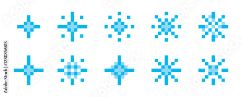 Pixel star set. Shiny stars pixel art icon set. 8-bit stars. Pixelated stars. Sparkling stars pixel art.