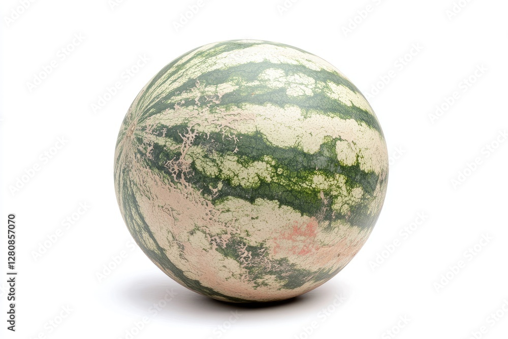 A whole round watermelon with striped green skin, isolated on a white background A whole round watermelon with striped green skin, isolated on a white background