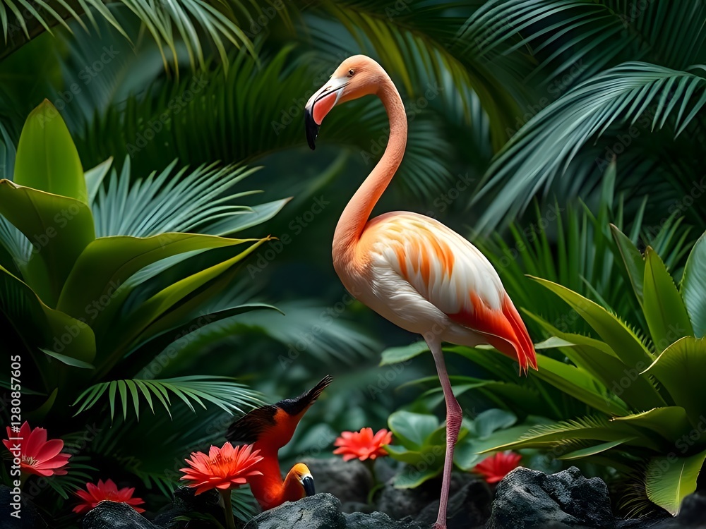 Fototapeta premium Graceful flamingo bird with long bill standing tall amongst tropical foliage and natural beauty