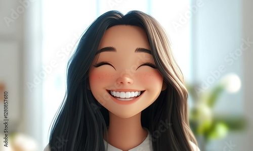 Wallpaper Mural Smiling Asian Woman Cartoon Character with Long Black Hair in 3D Style, Happy Young Female, Light Background, Human Emotions, People Expression Concept, Positive Mood, Bright Torontodigital.ca