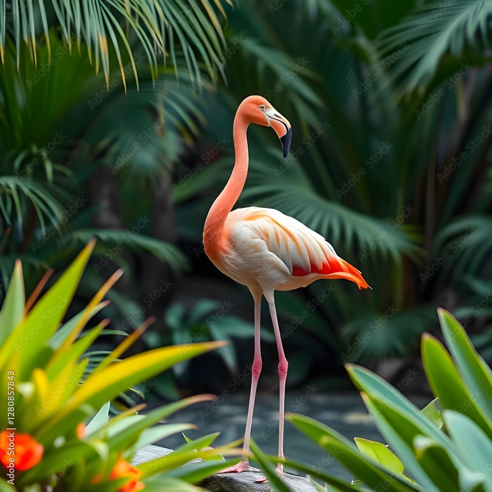 Fototapeta premium Graceful flamingo bird with long bill standing tall amongst tropical foliage and natural beauty