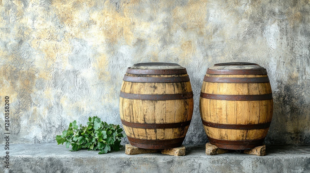 Rustic winery barrels, textured wall, hops, cellar Rustic winery barrels, textured wall, hops, cellar