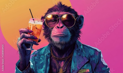 Stylish Anthropomorphic Monkey Cheers with Cocktail in Colorful Jacket - Fantasy Creature Concept Illustration for Fashion and Drinks Themes