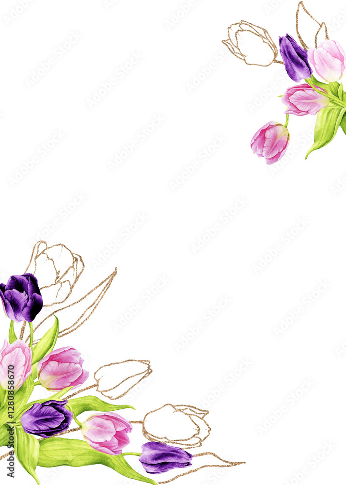 Rectangular frame of watercolor tulips with gold. Composition for cards, posters, invitations. Spring, Mother's Day, Women's Day, Birthday. Hand drawn illustration isolated on transparent background. Rectangular frame of watercolor tulips with gold. Composition for cards, posters, invitations. Spring, Mother's Day, Women's Day, Birthday. Hand drawn illustration isolated on transparent background.