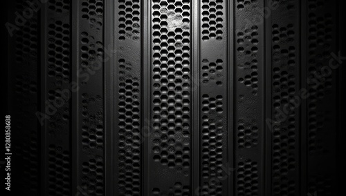 Fototapeta Naklejka Na Ścianę i Meble -  The design features a dark honeycomb grid pattern with abstract black 3D hexagons and octagons, creating a modern geometric background