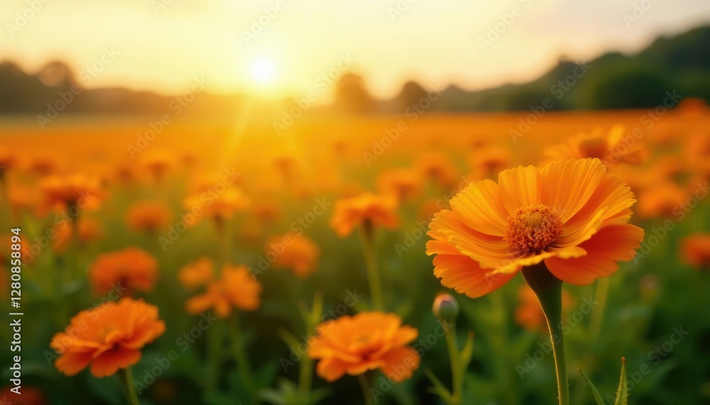 Marigold field in late afternoon with warm light, natural, flowers, warm light Marigold field in late afternoon with warm light, natural, flowers, warm light