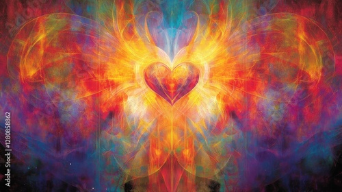 Abstract heart surrounded by vibrant flames and nebula.