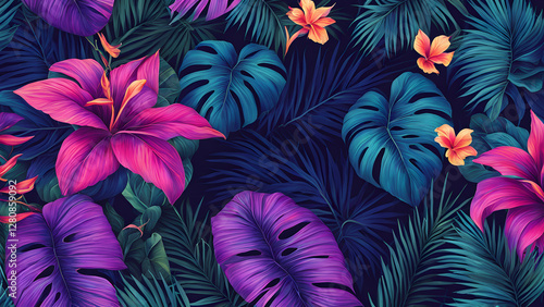 A colorful tropical forest with purple and blue flowers and green leaves