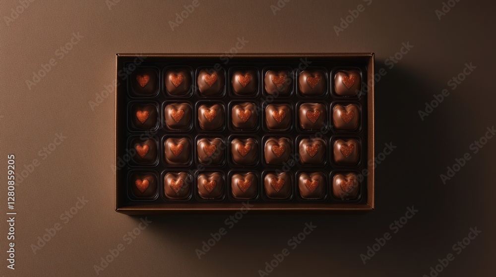 A box of heart shaped chocolates arranged neatly A box of heart shaped chocolates arranged neatly