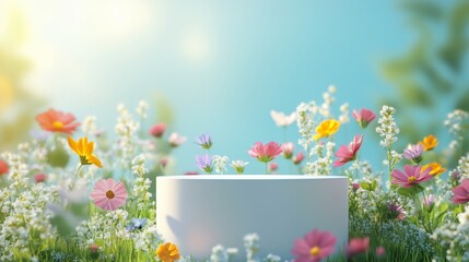 3d render White podium product stand with natural colorful flowers and grass field on spring scene background for advertising banner, cosmetic, perfumed, fragrance, spring season, summer sunlight