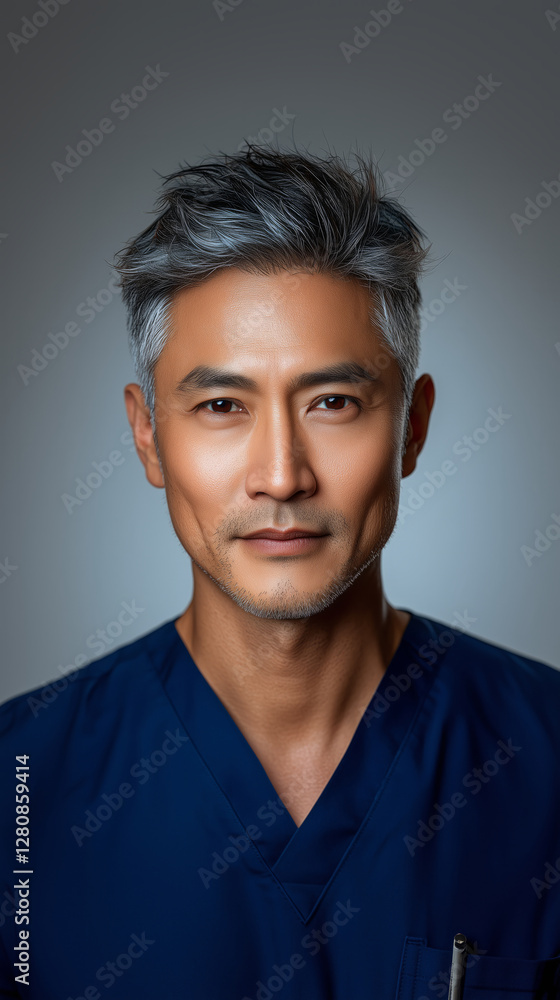 Portrait of handsome serious asian man with stylish hair, looking at camera, isolated on grey background Portrait of handsome serious asian man with stylish hair, looking at camera, isolated on grey background