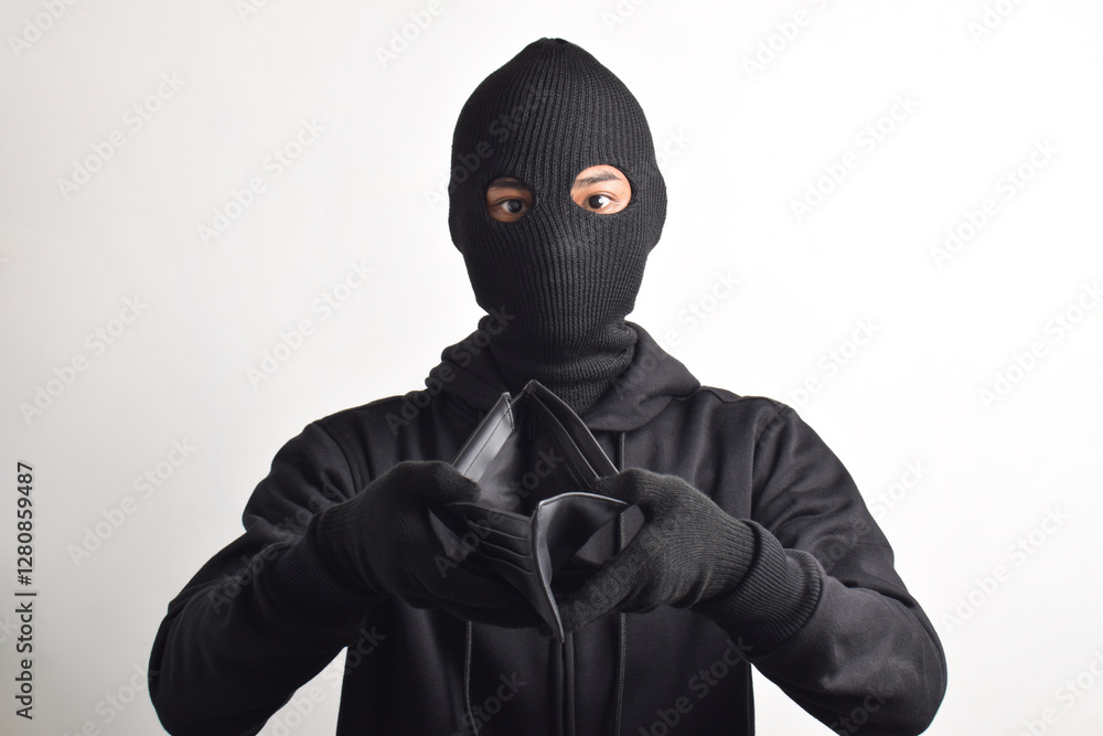 Thief wearing black jacket and mask checking his stolen empty wallet, isolated on white background. Thief wearing black jacket and mask checking his stolen empty wallet, isolated on white background.