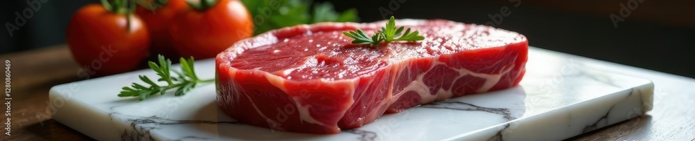 Obraz premium Raw beef ribeye steak placed in a bain-marie on marble, raw, ribeye, marble