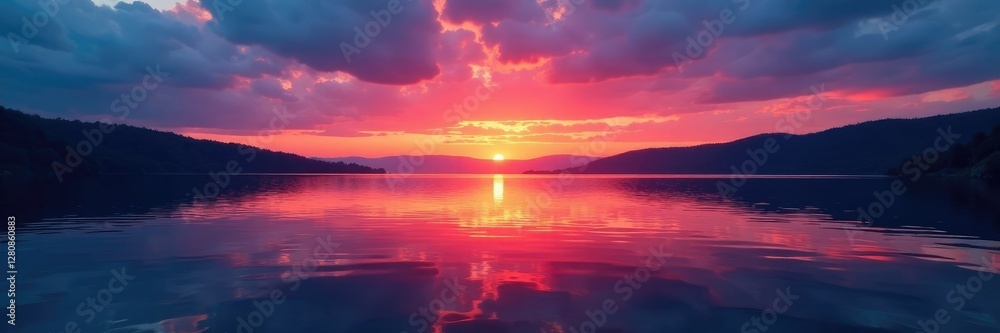 Reflections of red and blue sunset on lake's surface, reflection, sunset, ripples Reflections of red and blue sunset on lake's surface, reflection, sunset, ripples